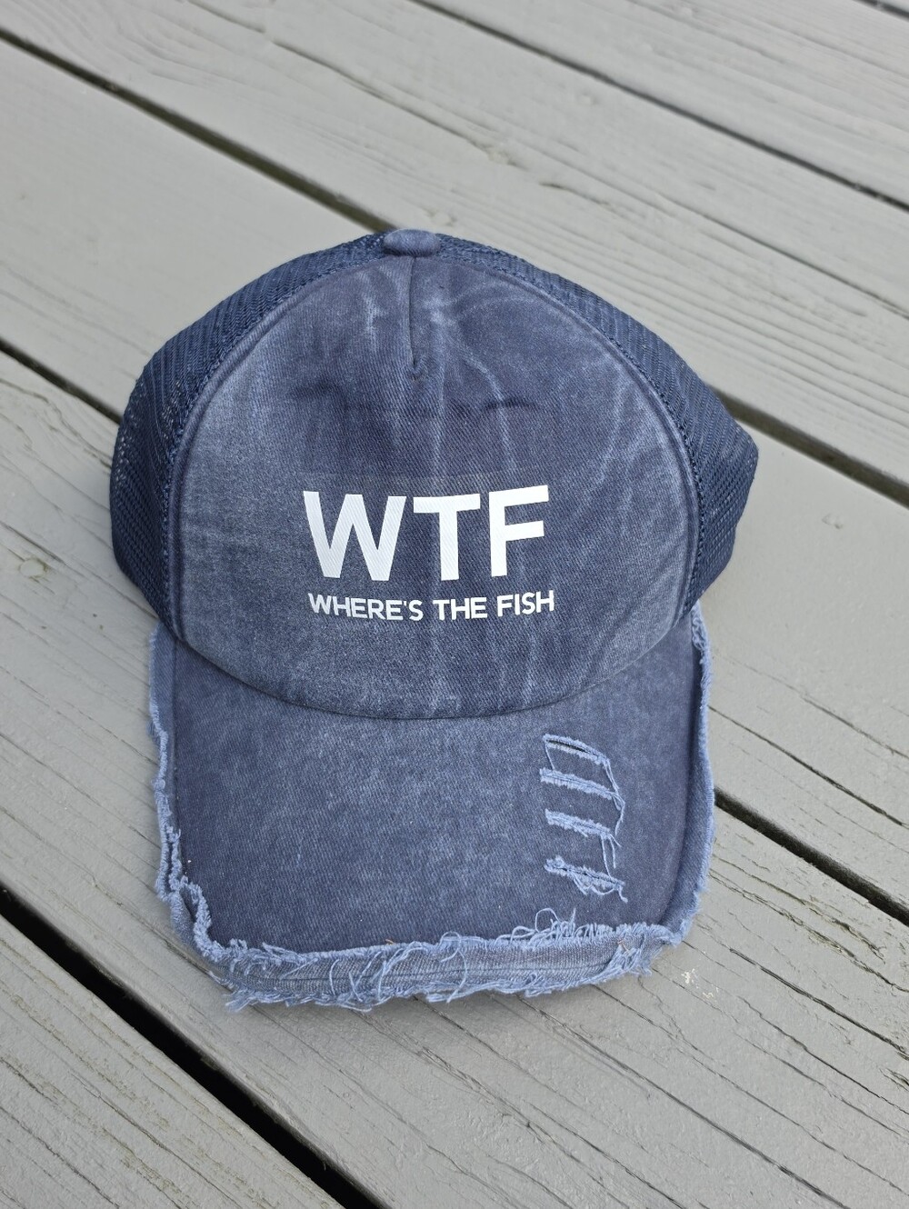 WTF Wheres The Fish Hat Funny Distressed Fishing Novelty Trucker Hat